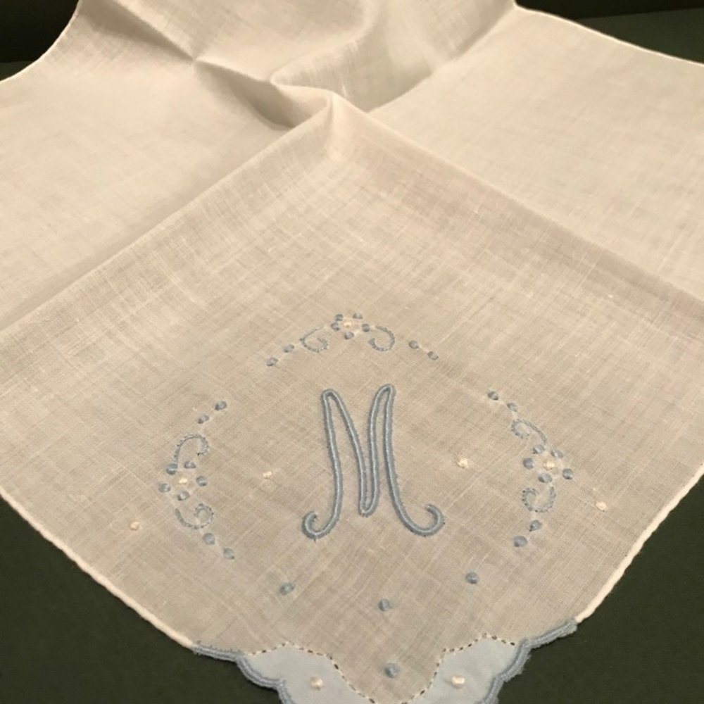 Monogram "M" Handkerchief, Embroidered Blue "M" - Picture 3 of 4